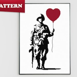 May include: Black and white illustration of a soldier holding a red heart-shaped balloon. The soldier is wearing a hat and a uniform. The background is white.
