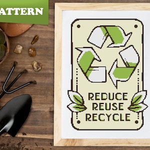 以下が含まれることがあります： 緑色のリサイクルマークと「Reduce Reuse Recycle」の文字が書かれた、茶色の枠に緑の葉がついたクロスステッチのパターンです。