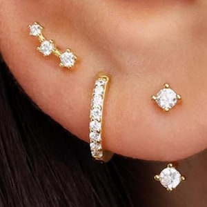 Set of 3 Earrings: Stud Earrings, Drop Dangle Earrings, Ear Climber Jacket Earrings Multiple Piercings 14K Gold Plated