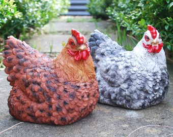 Pair of Chicken Garden Ornaments Outdoor Farm Animal Statues