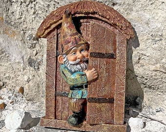 Wall Mountable Gnome in a Door Garden Ornament