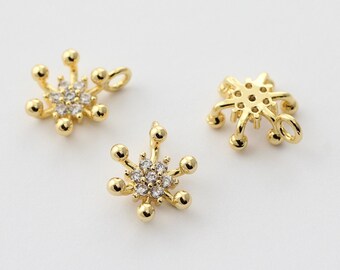4pcs Plated Gold Zircon Flower Charm 10x13x5mm