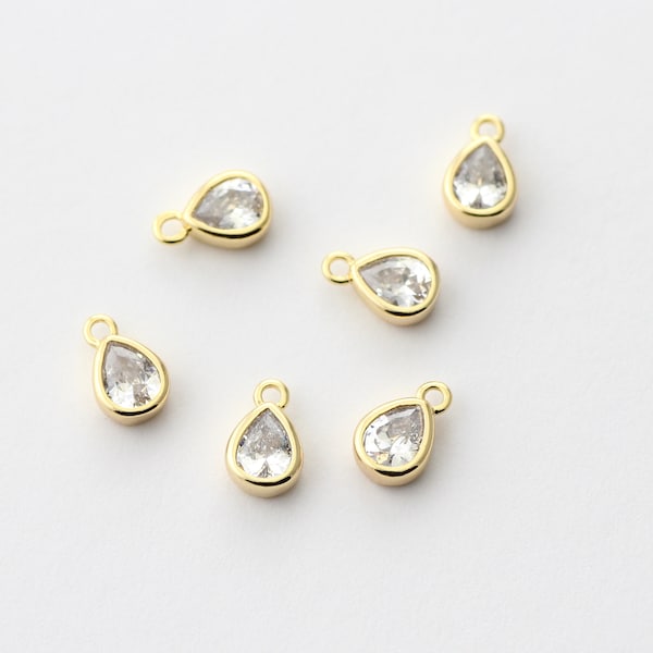 6Pcs Plated Champagne CZ paved Teardrop Charms,Mini Water Drop Pendants Clear Cubic Zirconia 6.5x4x2mm