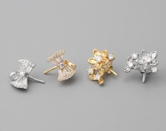 4pcs CZ Pave Gold/ Silver Tone Bow Bails Bead Caps，Flower Peg For Half Drilled Pearl Mounts, Peg Pearl Findings