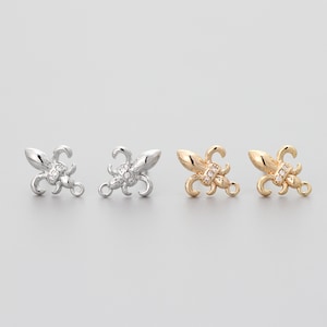 4 pendientes de flor de lis chapados en oro y rodio, pendientes minimalistas de latón
