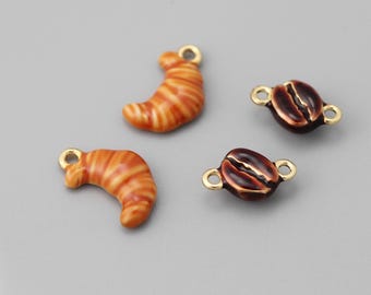 4pcs Gold Enamel Croissant Charm, Brass Croissant Pendant, Coffee Bean Connector