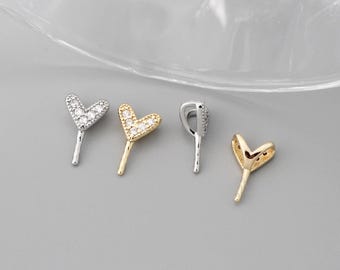 10pcs CZ Pave Gold/Silver Tone Heart  Bails Bead Caps， Peg For Half Drilled Pearl Mounts