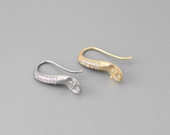 4pcs Gold/ Silver CZ Pave Earring Findings, Half Drilled Pearl Mounts Earring Hooks