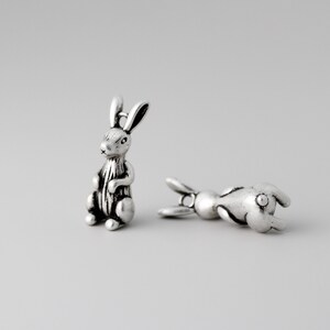 Peut inclure: Deux petites figurines de lapin argent&eacute;es. L'un des lapins est debout, tandis que l'autre est couch&eacute; sur le c&ocirc;t&eacute;. Les lapins ont des d&eacute;tails pr&eacute;cis, notamment de longues oreilles et une fourrure textur&eacute;e, et sont probablement destin&eacute;s &agrave; la bijouterie ou aux travaux manuels.