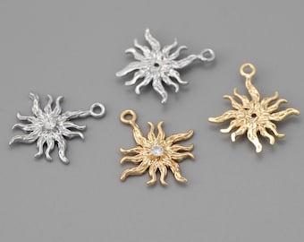 4pcs Gold/ Silver Tone CZ Pave Gold Sun Charms,  Brass, Sun Pendants