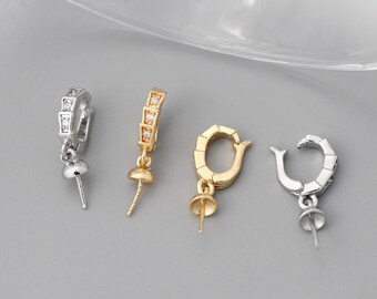 4pcs CZ Pave Gold Silver Peg Bails for Half Drilled Pearls, Pendant Clasps