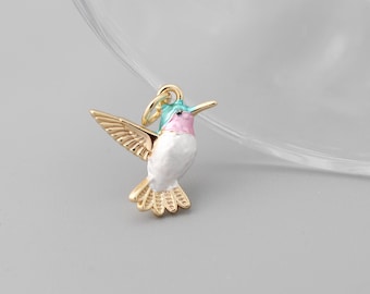 4pcs Gold Enamel Hummingbird Charm, Brass Bird Pendant, Earring Charm
