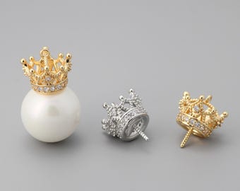 4pcs CZ Pave  Gold/ Silver Crown Bead Caps， Peg For Half Drilled Pearl Mounts, Peg Pearl Findings
