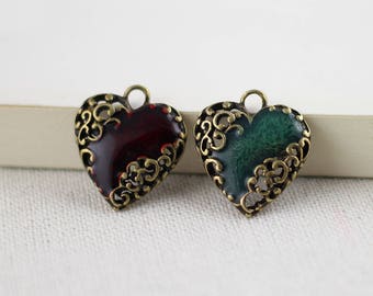 10pcs Hearts Charms,Antique Bronze,Red heart pendant Findings 18x20mm