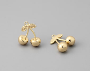 4pcs Gold Cherry Charm, Real Gold plated Brass, Earring Charms