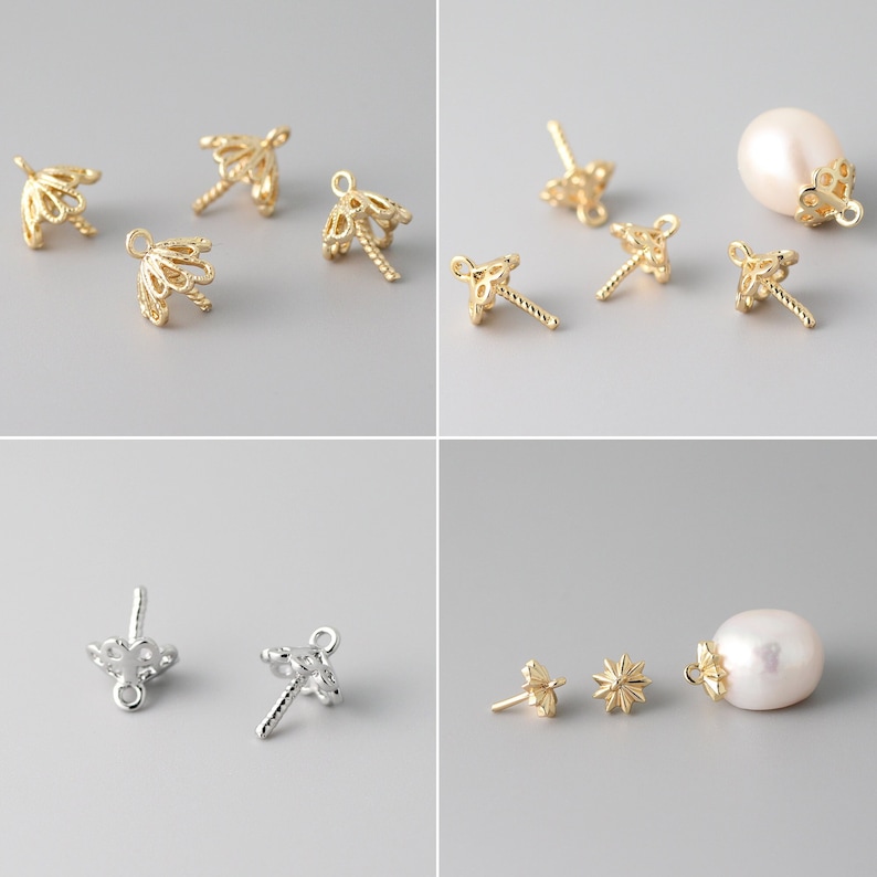 May include: A set of gold and silver earring findings with a variety of designs, including a flower, a star, and a pearl. The findings are perfect for making your own earrings.