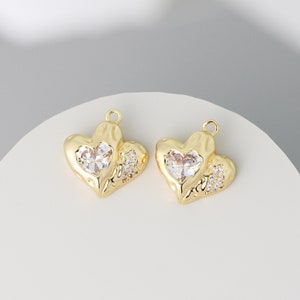 4pcs CZ paved Gold Heart Charms, Gold Plated Brass Heart Pendants 18.5X18X6mm