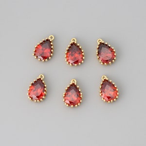 4pcs Red CZ Paved Teardrop Charms 10.5x7X3.5mm, 18K Gold Plated Brass, Mini Water Drop Pendants