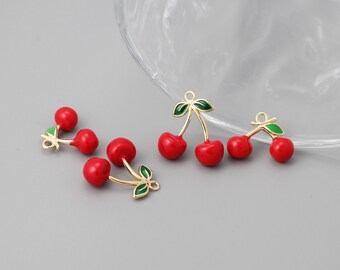 4pcs Gold/Silver Tone Enamel Cherry Charm, Brass Pendant, Earring Charm