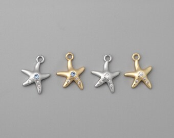 10pcs CZ Pave Gold Starfish Charms , Beach Style Mini Starfish Pendants