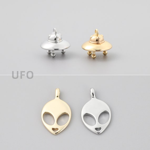 Gold Plated Spaceship Charm: UFO Alien Pendant (10x11mm)