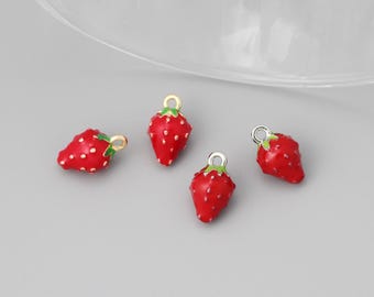 4pcs Gold/ Silver Tone Enamel Strawberry Charm, Brass Strawberry Pendant