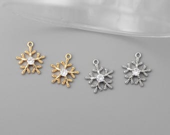 10pcs Gold/Silver Tone CZ Pave Snowflake Charms, Brass Snowflake Pendant