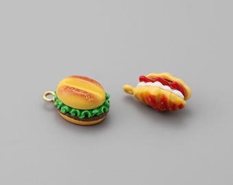 4pcs Gold Enamel Hamburger Charm, Hot Dog Pendant