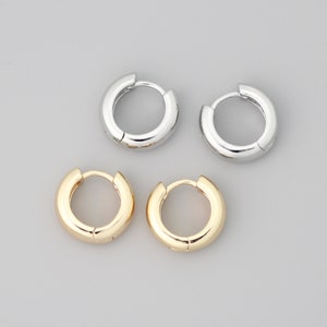 4pcs Gold Huggie Earrings, 5mm Thick, 14mm, Chunky Hoop Huggies, Real Gold/ Rhodium plated Brass, Thick Hoop Earrings