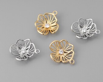4pcs Gold/Silver Tone CZ Pave Flower Charms, Brass Flower Pendant, Earring Charm