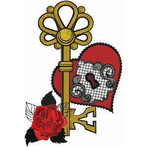Valentine Machine Embroidery Design Antique Key with Rose and Heart, Floral Embroidery