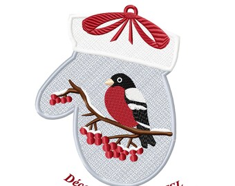 May include: A grey mitten with a red bow on top, a red-breasted bird perched on a branch with red berries, and the text "Décoration de Noël FSL ESL Christmas decoration" in red.