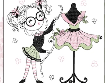 May include: A black and white line drawing of a girl with glasses holding a measuring tape and a pink dress on a dress form. The girl has black hair with pink flowers and is wearing a black sweater and a green skirt. The dress form has a black stand with a decorative base.