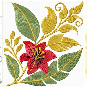 May include: Embroidered floral design featuring a red flower with five petals and green and gold leaves.