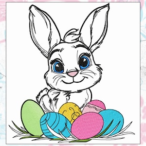 Easter Embroidery Design Machine Embroidery of Adorable Bunny with Eggs Cute Embroidery File