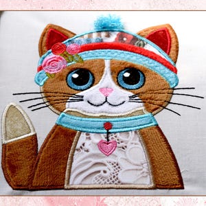 Lindo gato bordado a máquina, aplique de gato bordado con flecos, adorable animal bordado para niños