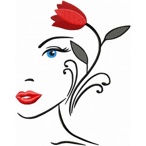 Woman Face Embroidery Design Machine Embroidery of Woman with Tulip Floral Embroidery