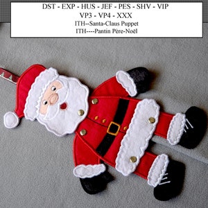 May include: A red and white felt Santa Claus puppet with black buttons and a black belt. The puppet is lying on a gray surface. The text "DST-EXP-HUS-JEF-PES-SHV-VIP VP3-VP4-XXX ITH--Santa-Claus Puppet ITH----Pantin Père-Noël" is printed above the puppet.
