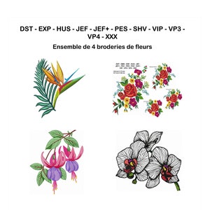 Blumen-Stickerei-Maschinenstickerei-Design, Fuchsia-Orchidee, Paradiesvogel und Blumenstrauß