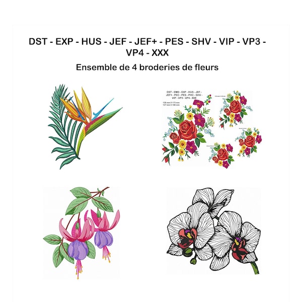 Broderie de Fleurs Dessin de Broderie Machine, Fuchsia Orchidée Oiseau du Paradis et Bouquet de Fleurs