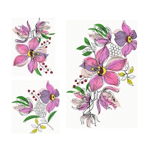 Machineborduurwerk Set bloemen Bloemenborduurpatroon, artistieke bloem
