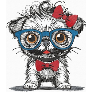 May include: An embroidered design of a cute dog wearing blue spectacles, a red bow tie, and a red bow in its hair. The dog has black and white fur and large brown eyes. The design is on a white background.