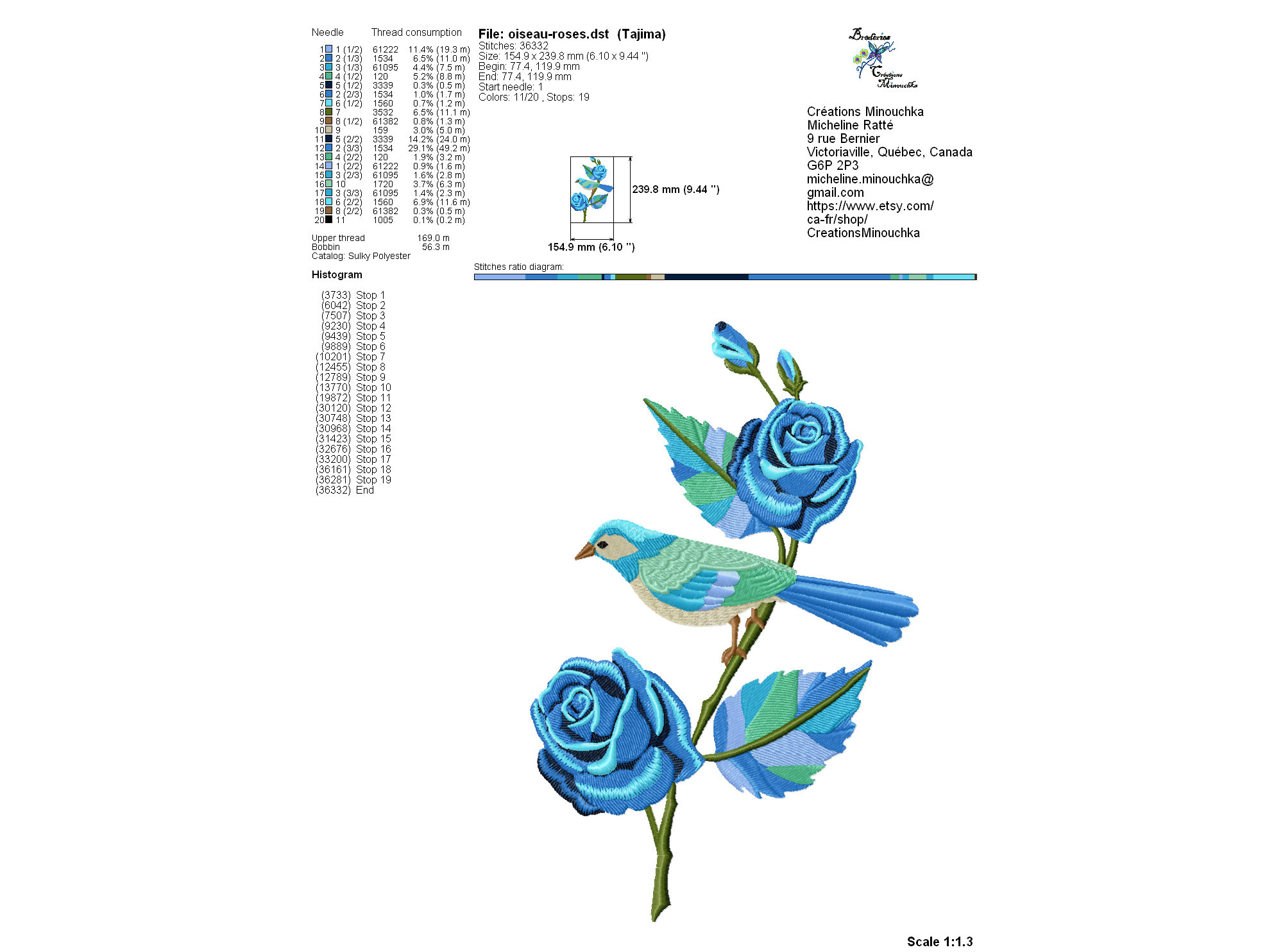 Bird and Flowers Embroidery Design Machine Embroidery Blue Bird