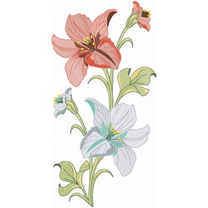 Puede incluir: Un diseño de bordado floral con un lirio rosa, un lirio blanco y flores blancas más pequeñas con hojas verdes.
