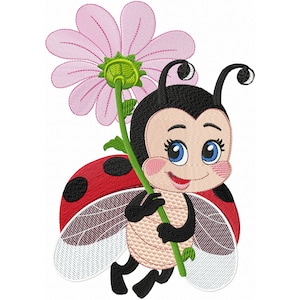 Pode incluir: Uma joaninha de desenho animado segurando uma flor rosa com um caule verde. A joaninha tem manchas pretas, asas vermelhas e um rosto sorridente.