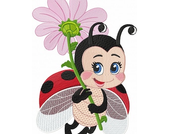 Ladybug and Flower Embroidery Design Machine Embroidery Floral Embroidery, Cute Embroidery