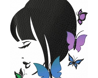 Bordado de cara de mujer con mariposas Bordado a máquina Bordado de moda