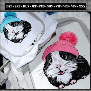 Hamster Embroidery Design Machine Embroidery of a Cute Baby Animal with a Hat and a Fringed Pompom