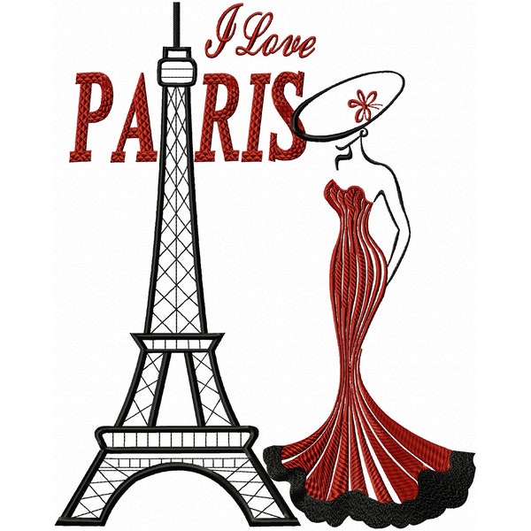 Dessin de Broderie de Femme avec Tour Eiffel, Dessins de Broderie Machine, Silhouette de femme, Broderie Mode