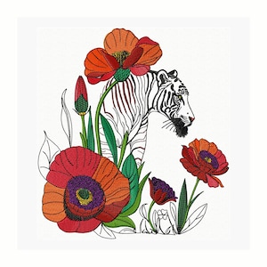 Embroidery Design Poppies with a Tiger Machine Embroidery Designs, Floral Embroidery, Animal Embroidery, 4 Sizes image 1